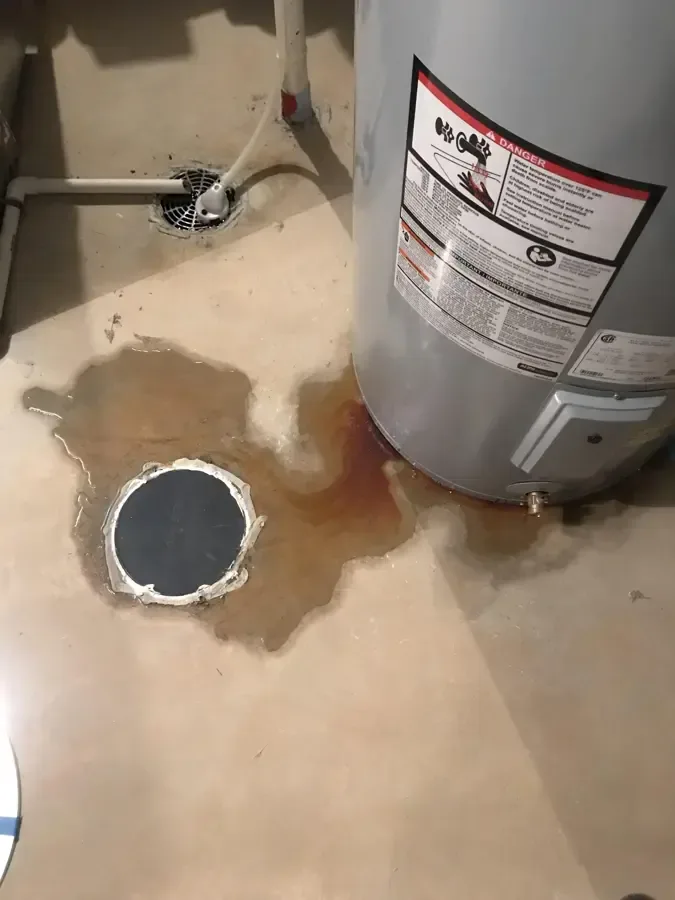 Water pooled around a water heater and a floor drain