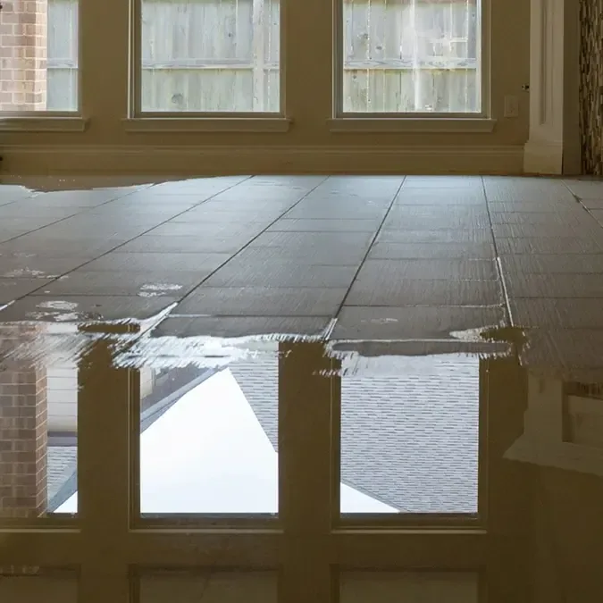 Standing water across a tiled floor in front of windows and doors
