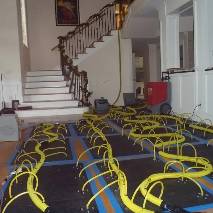 Yellow drying hoses and mats laid across a wet floor beside a staircase