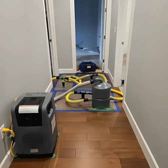 Dehumidifier and yellow hoses on drying mats along a wood floor hallway