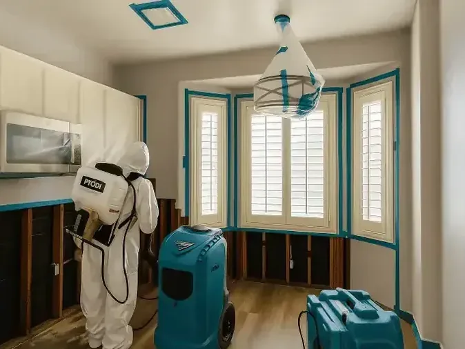 Technician in a protective suit spraying a room with the lower drywall cut away and dryers running