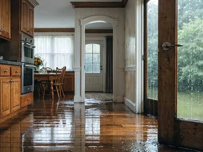 Water standing on a wood floor in a kitchen and entry hall beside an open door