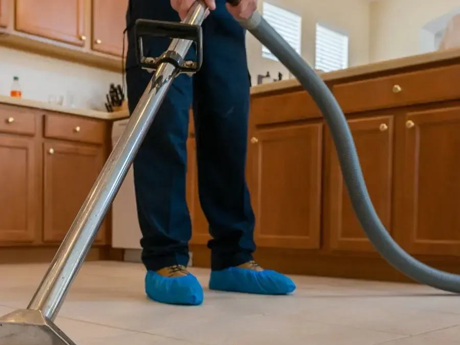Extraction wand drawing water off a tiled kitchen floor