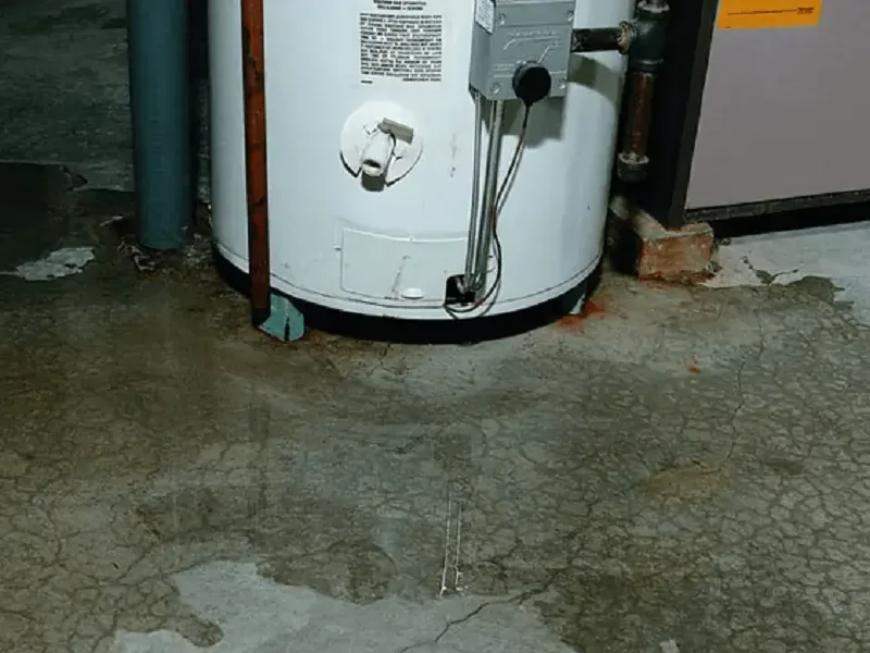 Water heater sitting on a cracked concrete floor stained with rust from a leak